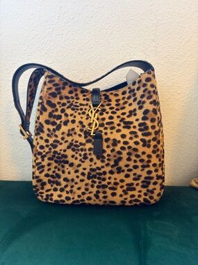 Saint Laurent Leopard Haircalf Shoulder Bag with Gold YSL Hardware